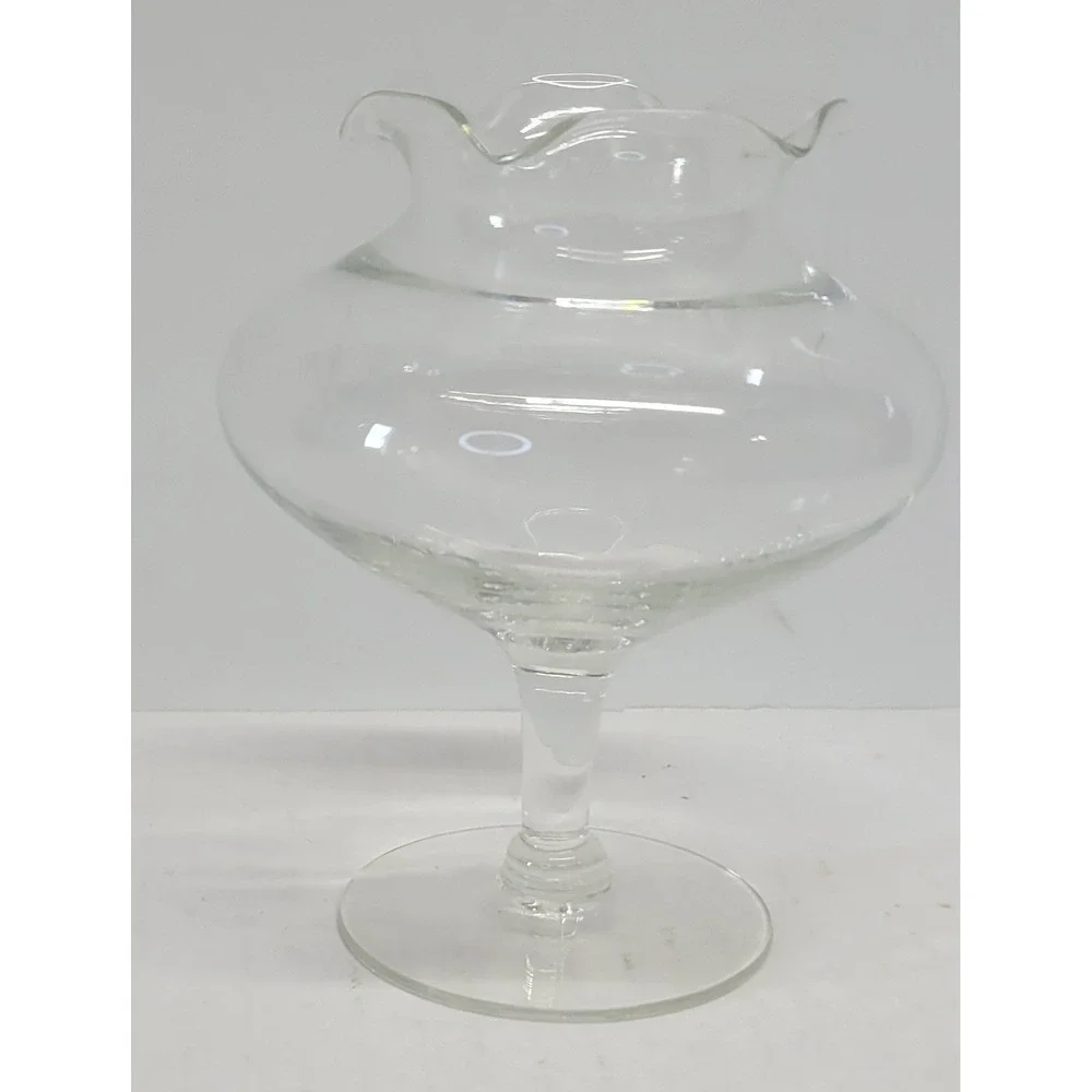 Clear Glass Pedestal Vase Ruffled‎ Rim Footed Round Bulbous Home Decor 5.5 inch